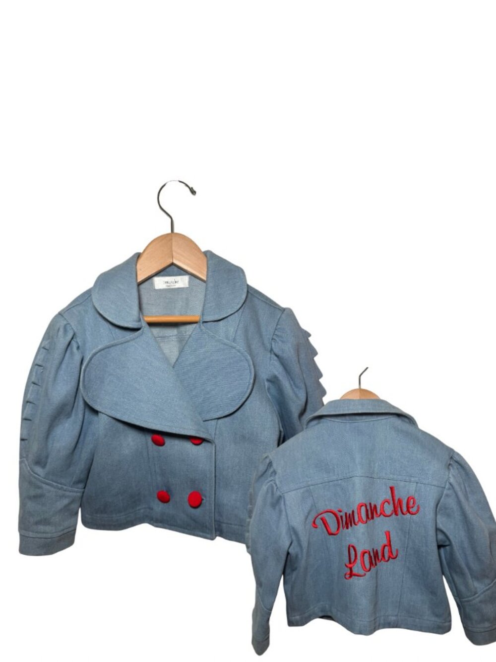Dimanche Light Blue Denim Jacket Red Buttons S
